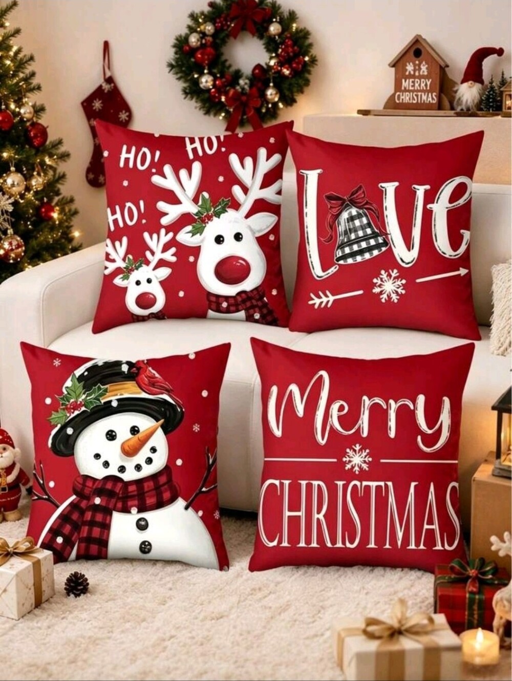 Festive Red Holiday Throw Pillow Covers - Merry Christmas Set